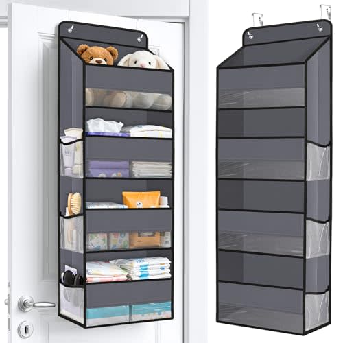 Over The Door Organizer Storage behind Door Hanging Organizer for Nursery | 4 Tier, 6 Side Pockets, Clear Window, Sturdy Construction, Space-Saving Storage for Closet, Bedroom, Bathroom & Nursery