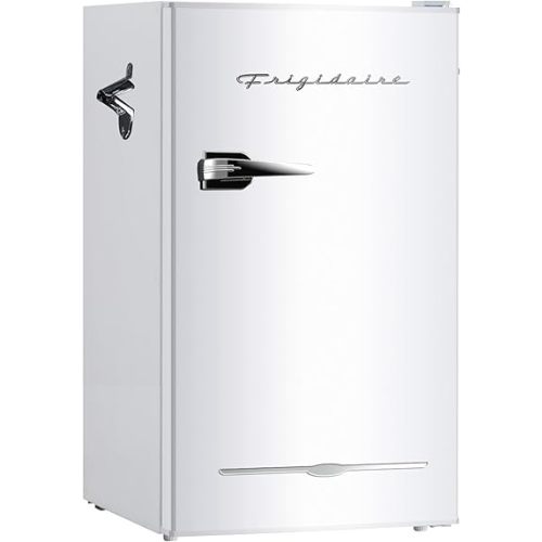 Frigidaire Retro Compact Fridge with Chiller, 3.2 cu ft Countertop Fridge with Built-In Bottle Opener, Compact Refrigerator for Office, Bedroom, Dorm Room or Cabin - 18.7"D x 19.01"W x 33.27"H (White)