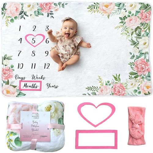Baby Milestone Blanket Super Soft Fleece Monthly Milestone Blanket for Baby Girl - Boy - Perfect for First Year Pink Flowers - Large 60"x40"