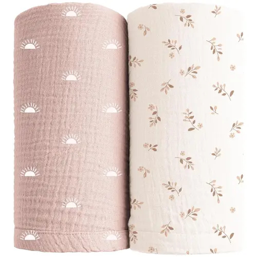 Konssy Muslin Swaddle Blankets for Girls Boys, 2 Pack Receiving Baby Blanket Large 47 x 47 inches, Soft Breathable Swaddling Wrap for Unisex Newborn (Pink Sun,Khaki Leaf)