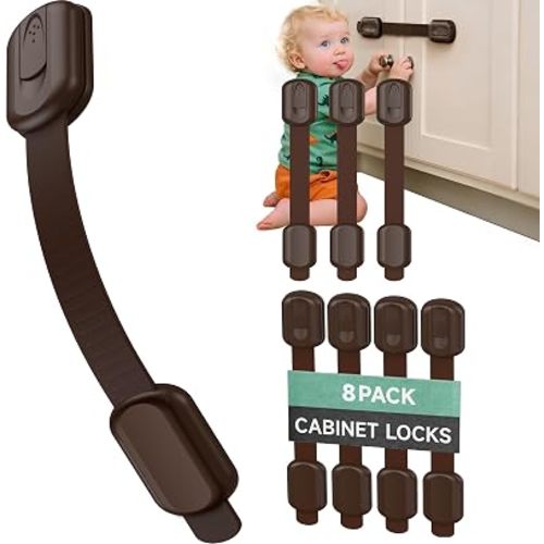 Infinno 8 Pack Cabinet Locks Baby Proofing Heavy Duty - Child Safety Cabinet Locks for Drawers, Cupboards & Fridge – No Drill 3M Adhesive Locks for Pets - Toddler Safety Latches-Brown