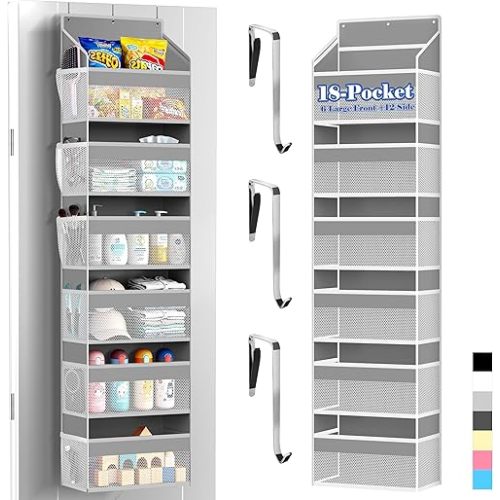PAULONE 1 Pack Heavy Duty Over the Door Organizer, 6 Large + 12 Mesh Pockets with 89 lbs Capacity, Space-Saving Hanging Storage for Shoes, Toys, Bedroom & Closet-Light Gray