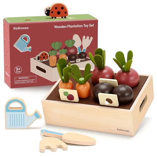 KizKnows Wooden Montessori Gardening Playset for Kids  16 Piece Plant & Harvest Toy Kit, Kids Pretend Play Food with Carrots, Beets, Mushrooms, Kitchen Accessories Toy Gift for Boys Girls 3+
