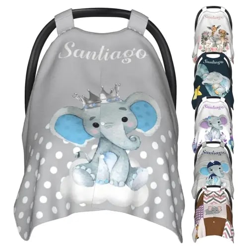 Personalized Baby Car Seat Covers for Girls Boys with Name Elephant Custom Carseat Canopy Cover for Babies Nursing Cover Breastfeeding Scarf Infant Stroller Cover