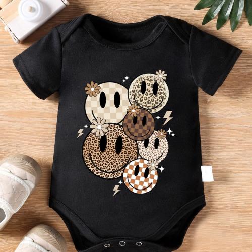 Baby Girl Newborn Cute Short-Sleeve Romper with Leopard Print | Pink, Casual Style, Regular Fit, Applique Details, for Outdoor