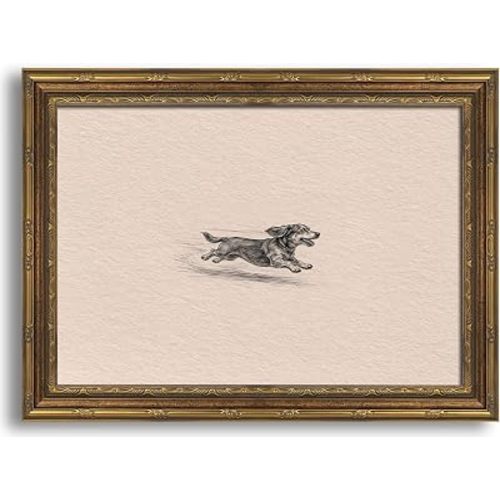 Gold Framed 3D Textured Wall Art, Vintage Sketch Running Dog Canvas Prints, Minimalist Zoomies Flight Dog Pictures Decor, Neutral Funny Animal Gallery Artwork for Living Room Bedroom Nursery 11x9 in