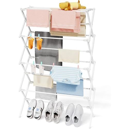 Sakugi Foldable Clothes Drying Rack – Metal Laundry Drying Rack with Non-Slip Feet, 4-Tier Space-Saving Clothing Rack for Organization, Indoor & Outdoor Use, 11.4" D x 29.1" W x 50.0" H, White
