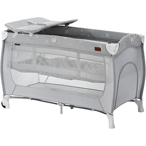Hauck Sleep N Play Center Portable Baby Travel Cot with Bassinet, Changing Table & Playpen, Foldable Crib for Infants & Toddlers, Stars Grey