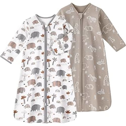 Baby Sleep Sack 12-18 Months, Long Sleeve Baby Wearable Blanket 0.5 Tog with Mittens, 2-Way Zipper Toddler Cotton Sleeping Sack for Boy and Girl Grey Elephant 2 Pack(Large)