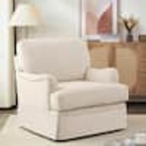 Corlekala 32 in. W Warm Linen Color Fabric 360° Swivel Accent Chair Modern Upholstered Armchair Metal Base Barrel Sofa Chair MRO-LI0212