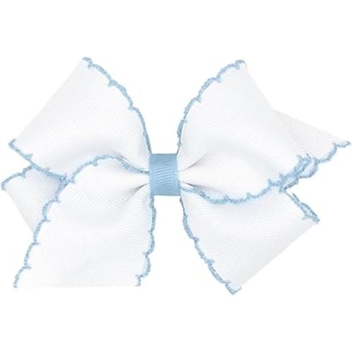 Wee Ones Girls' Classic Grosgrain Moonstitch Edge Hair Bow, No-Slip Hair Clip, Handmade, White with Millennium Blue, Small