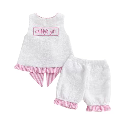 Nibbcoa Toddler Girl Summer Outfit Letters Embroidery Cross Back Pinafore Top and Shorts Kids Striped Seersucker Clothes Set