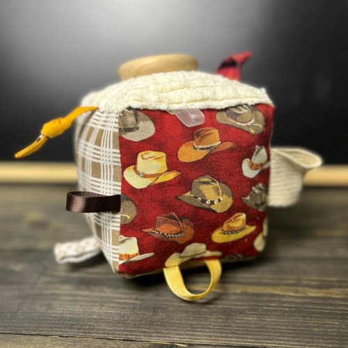 Cowboy sensory block, horse farm, activity cube, unisex baby shower gift, Montessori, cloth fabric, teething ring, stroller toy, ranch theme