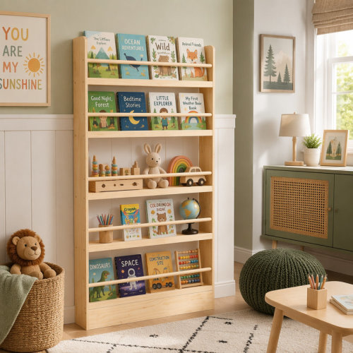 Rebrilliant 5 Tier Behind The Door Bookshelf, Wooden Kids Bookshelf with Open Storage for Bedroom, Living Room, Playroom (Natural Wood) | Wayfair