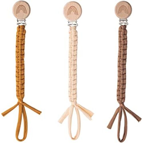 Pacifier Clip for Boys Girls Pacifier Holder Leash Boho Rainbow Wooden Clips Handmade Braided Cotton Unisex Baby Shower Birthday Gift Christmas Gift