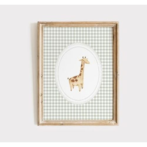 Giraffe Sage Gingham Print, Gender Neutral Nursery Decor, Sage Green Giraffe Poster Animal Nursery Print Safari Kids Room Decor Gingham Gender Neutral