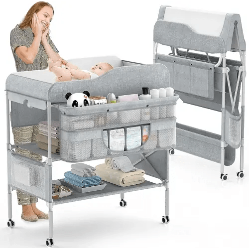 Portable Baby Changing Table, Foldable Changing Table Dresser Baby Changing Station, Height Adjustable Waterproof Diaper Changing Table Pad Topper, Newborn Nursery Organizer