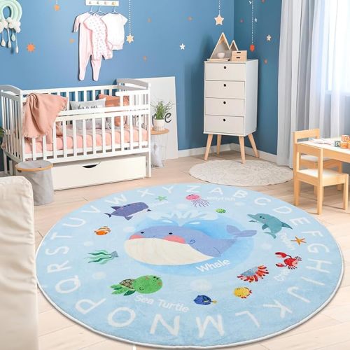 Soft Round ABC Rug for Kids Room,4 ft Washable Circle Nursery Rug,Non-Slip Whale Alphabet Baby Kids Rug Carpet for Nursery Playroom Bedroom Kids Room Decor