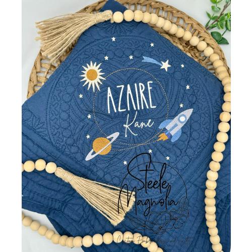 Outer Space Baby Blanket Solar System Baby Shower Gift Embroidered Moon Stars Baby Heirloom Quilt Custom Name Astronaut Rocket Personalized