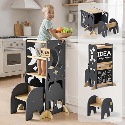 COSYLAND 4-in-1 Toddler Kitchen Stool Helper with Safety Rail, Foldable Toddler Standing Tower with Double Blackboard, Kids Learning Desk and Chair Set, Elephant Grey and Natural