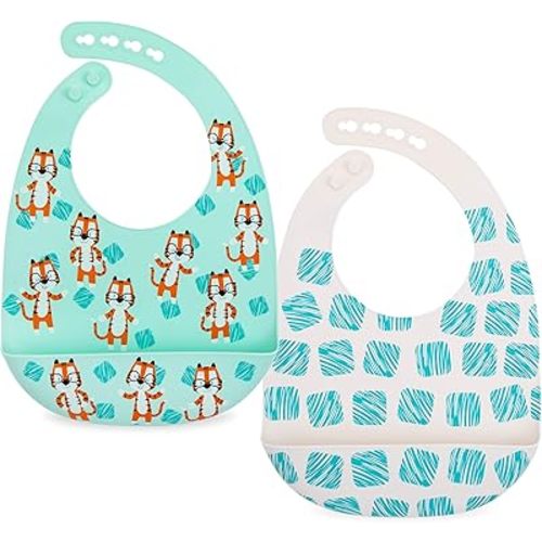 Nuby Adjustable Easy Clean Soft Silicone Bibs - 2 Pack