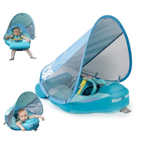 Luckclubtojoy Mambobaby Float Baby Float with Canopy & Tail Non-Inflatable Infant Pool Floats Adjustable Safety Strap Toddler Swim Trainer (Green)
