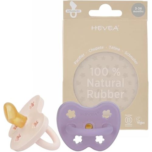 HEVEA Natural Rubber Pacifier Orthodontic 3-36 Months – Hygienic One Piece Design for Newborns to Toddlers, BPA-Free, Soft & Durable - Two-Pack (Powder Pink & Lavender)