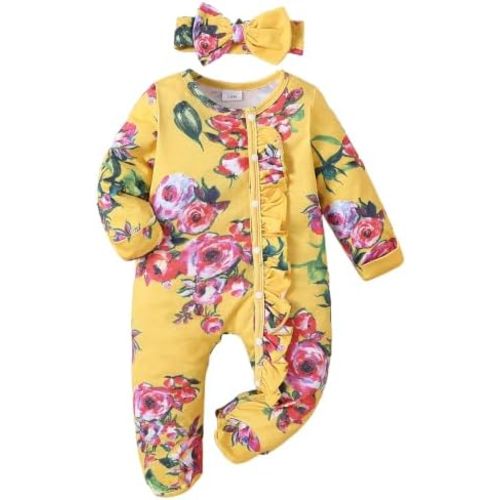 Yvowming Newborn Baby Girl Clothes Ruffle Jumpsuit Romper Infant Coming Home Outfit for Baby Girl