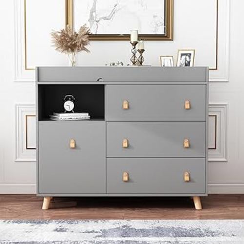 Baby Dresser Changing Table with Drawers,Shelf,Hidden Laundry Basket Storage,2 in 1 Nursery Dresser Chest for Infants, Baby Diaper Changing Station for Daycare,Bedroom,Grey