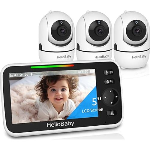 HelloBaby 5" Baby Monitor with 3 Cameras – No WiFi, 1000ft Range, Pan-Tilt-Zoom, 26-Hour Battery, Night Vision & 2-Way Audio