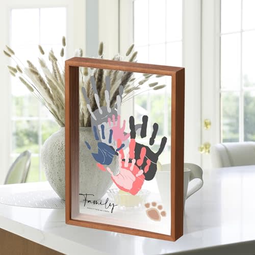 PUDEKO Family Handprint Kit,DIY Colorful Craft Keepsake Family Art Baby Newborn Hand and Footprint Wooden Frame for Home Decor Family Gifts Set(5 Sheets with 8 Colors) (Wood)