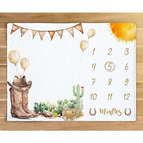 Western Milestone Blanket Baby Boy, Cowboy Baby Monthly Blanket with Wooden Frame, Newborn Baby Shower Photo Props My First Rodeo Gifts