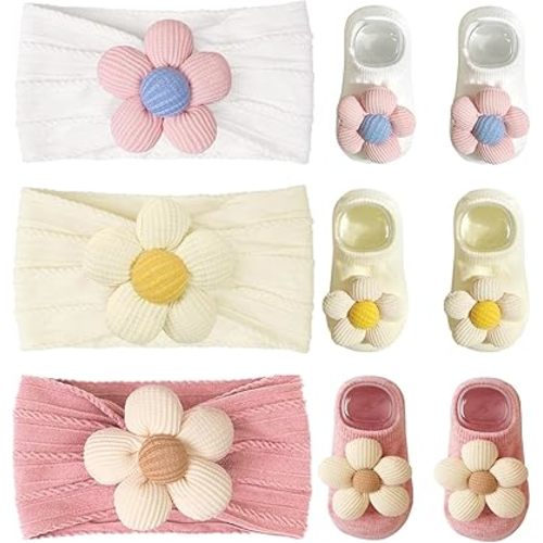 CÉLLOT Baby Girl Headband and Socks, Non-Slip Floral Socks and Soft Floral Nylon Hairbands for Babies Infants and Toddlers