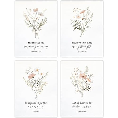 TLESKE Floral Botanical Christian Bible Verse Posters Prints Unframed 12x16 Set of 4, Spring Fall Flower Scripture Wall Art Prints Decor for Bedroom Living Room, Aesthetic Wildflower Wall Pictures