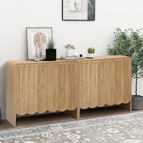 ORRD Sideboard Buffet Cabinet Set of 2, Accent Storage Cabinet with 2 Doors, Farmhouse Wood Cabinet with Adjustable Shelves and Wave Panel for Living Room, Dining Room, Entry - Natural