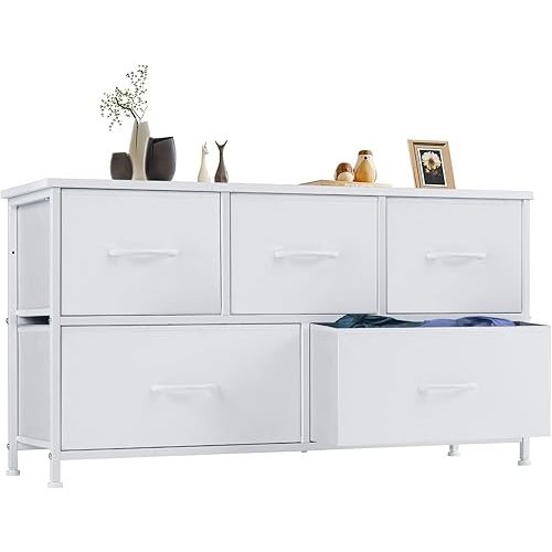 Sweetcrispy Dresser for Bedroom with 5 Drawers, Wide Fabric Dresser for Storage and Organization, Chest of Drawers with Steel Frame, Wood Top, Easy Pull Handle for Bedroom, Hallway, Entryway, Closet