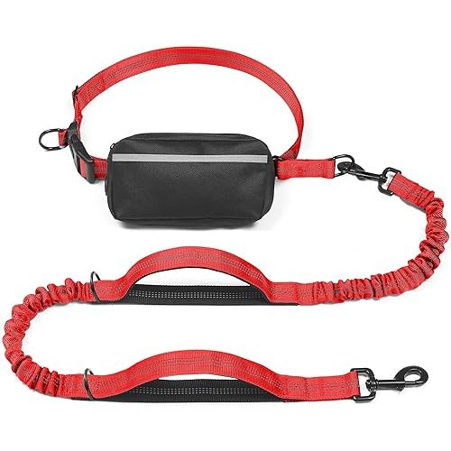 iYoShop Hands Free Dog Leash with Zipper Pouch, Dual Padded Handles and Durable Bungee for Walking, Jogging and Running Your Dog (Large, 25-120 lbs, Red)