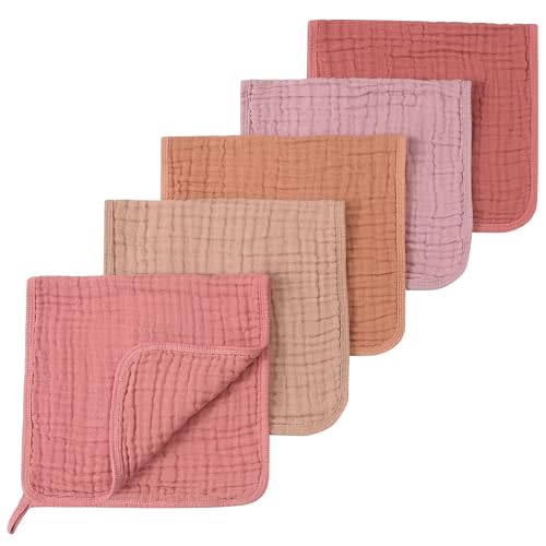 Muslin Burp Cloths 5 Pack Large 20x12 inches Baby Burping Cloths, 6-Layer 100% Cotton for Newborn Boys Girls, Ultra Soft & Absorbent (Pink & Coffee)