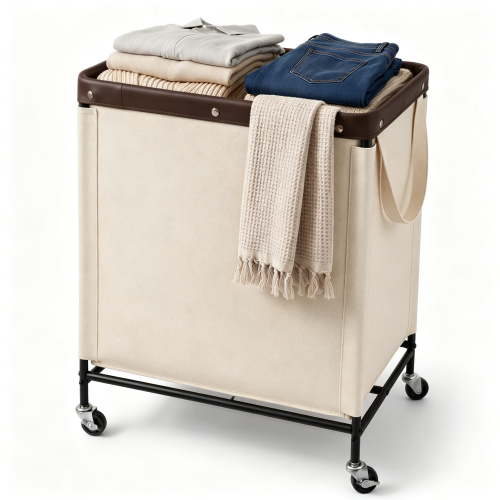 StorageWorks 2 Section Laundry Hamper, 100L Laundry Sorter Cart with Wheels and Handle, Beige