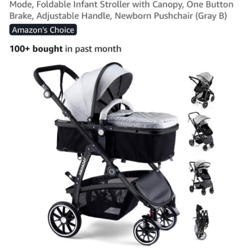 Baby Stroller, 2-in-1 Reversible ToddlerSeat with Lie-Flat Mode, Foldable Infant Stroller with Canopy, One Button Brake, Adjustable Handle, Newborn Pushchair (Gray B)