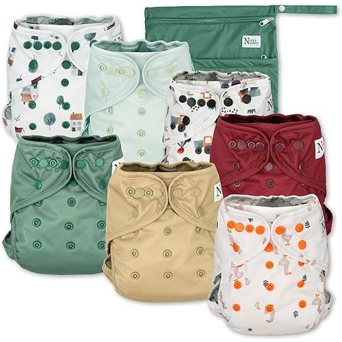 Nora's Nursery Cloth Diaper Cover, Reusable Cover with Snap Closure for Flat or Fitted Inserts - 7-Pack with Wet Bag - On The Farm