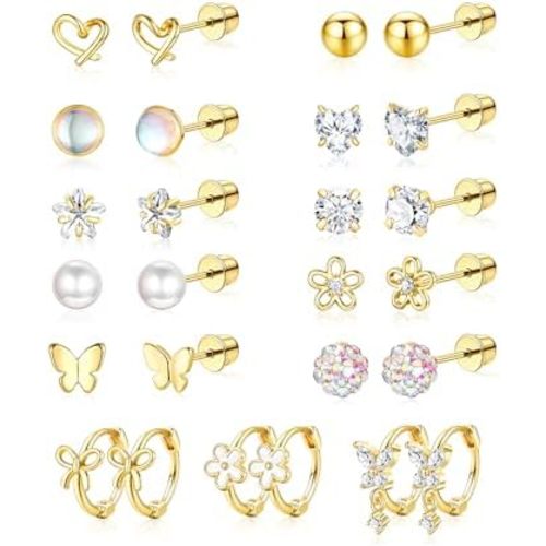 Hypoallergenic Surgical Stainless Steel Earrings for Girls Kids Jewelry - Screw Back Earrings for Sensitive Ears Cute Flower Heart Pearl bow Earrings for Women