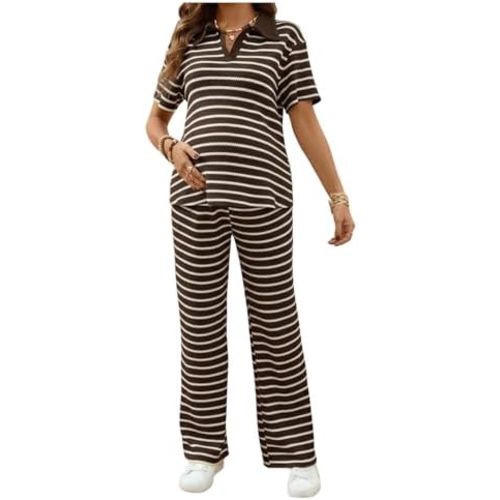 OYOANGLE Women's Maternity 2 Piece Outfits Lounge Set Striped Knit Short Sleeve Collared V Neck Top and Pants Loungewear