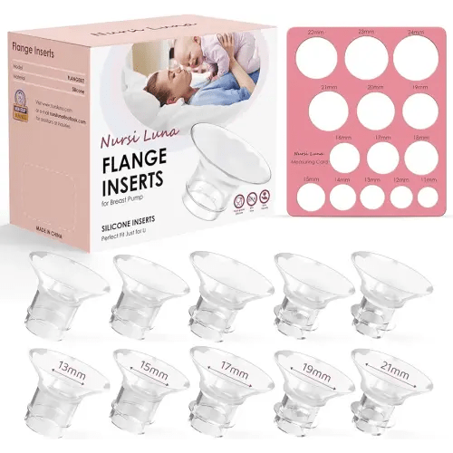 Flange Sizing Kit with 10PCS Flange Inserts 13/15/17/19/21mm, Nipple Measurement Tool for Flanges, Silicone Breast Pump Flange Insert Kit for 24mm Most Pumps, Breastfeeding Essentials Kit