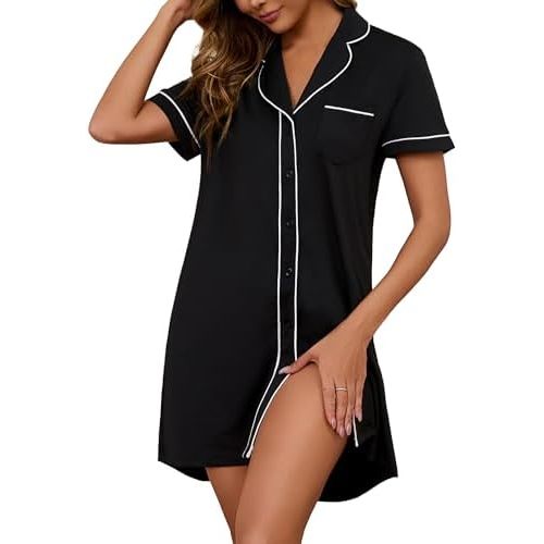 Nightgowns for Women Button Down Sleepshirt Short Sleeve Stripe Nightshirt Boyfriend Sexy Sleepwear