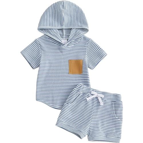 FOCUSNORM Toddler Baby Boy Summer Clothes Baseball Short Sleeve Hooded T-Shirt Elastic Waist Shorts Newborn Infant Boy Outfit