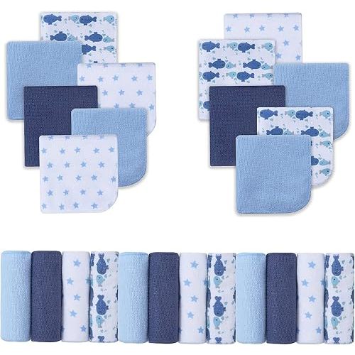 Viviland Baby Washcloths, Super Soft Baby Bath Towels for Newborn 24 Pack, Absorbent Face & Body Wash Cloth for Baby Boy, Whale Bro Pattern, 9 x 9 inch