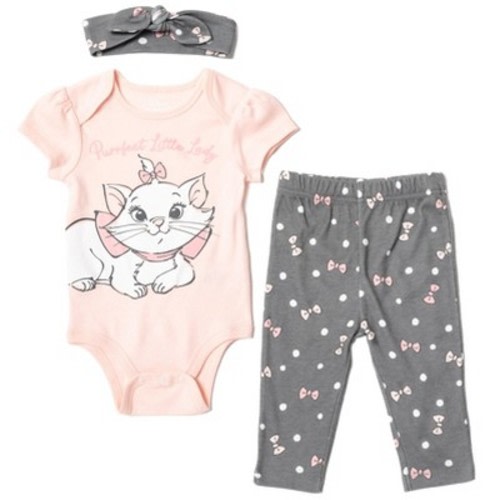 Disney The Aristocats Marie Newborn Baby Girls Bodysuit Pants and Headband 3 Piece Outfit Set Black / Pink 3-6 Months