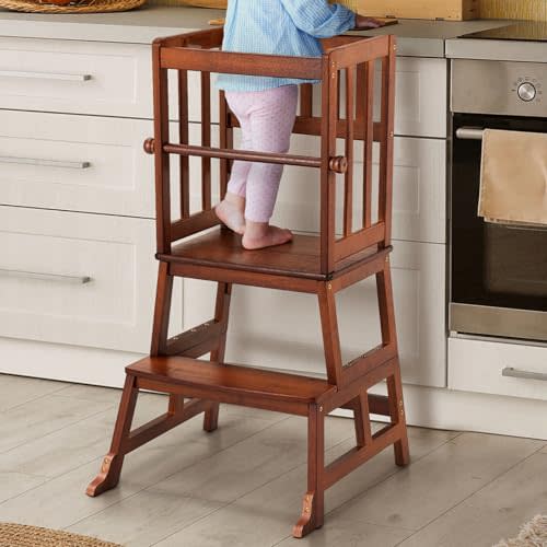 COSYLAND Kids Kitchen Step Stool, Toddler Standing Tower with CPC Certification, Removable Anti-Drop Railing Safety Rail Enjoys Unique Patented Design A Anti-tip Stable Structure 1.5-3 Years Brown