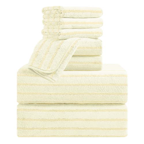 Jessy Home 8 Pcs Light Yellow Bicolor bar Stripe Large Bath Towels Set 2 Oversized Bathroom Towels, 2 Hand Towels, 4 Washcloths